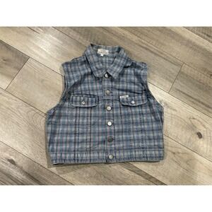 Vintage Guess Jeans Plaid Sleeveless Vest Blue White Cropped XL USA Made